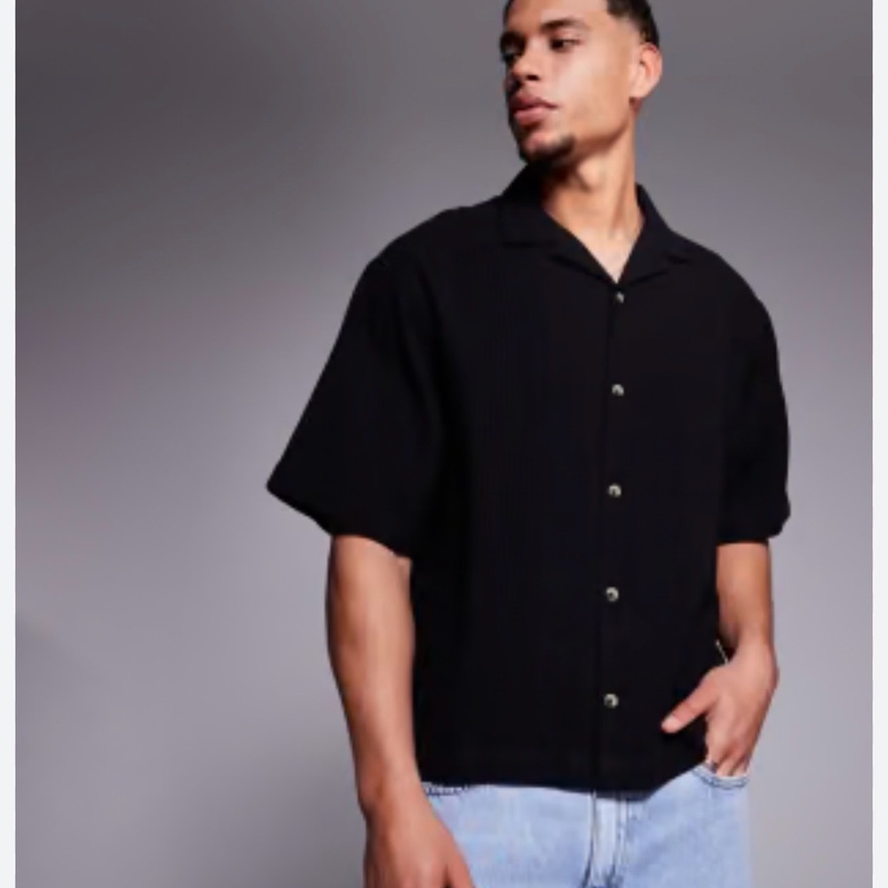 ASOS Black Short Sleeve Camp-Collar Button Down Shirt